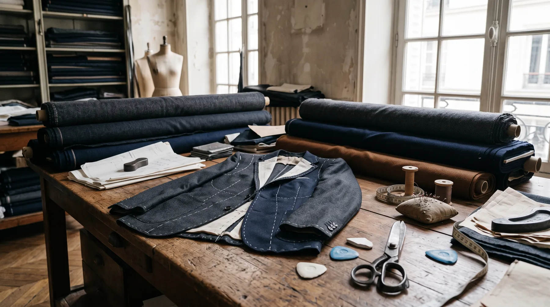 Table d'atelier de tailleur avec rouleaux de laine, craie et ciseaux