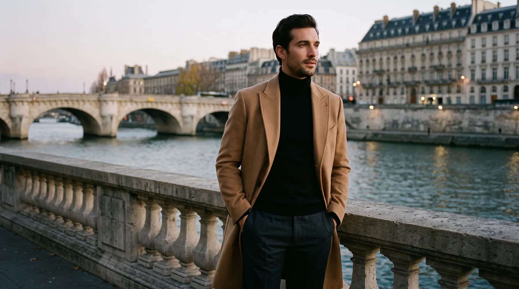 Homme en pardessus camel et col roulé noir au bord de la Seine